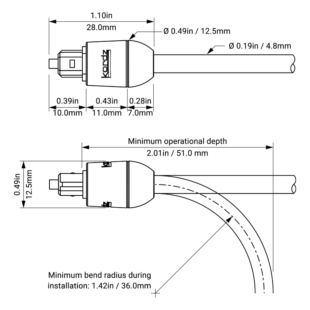Dây quang Kordz PRO3 Toslink – bản vẽ kích thước