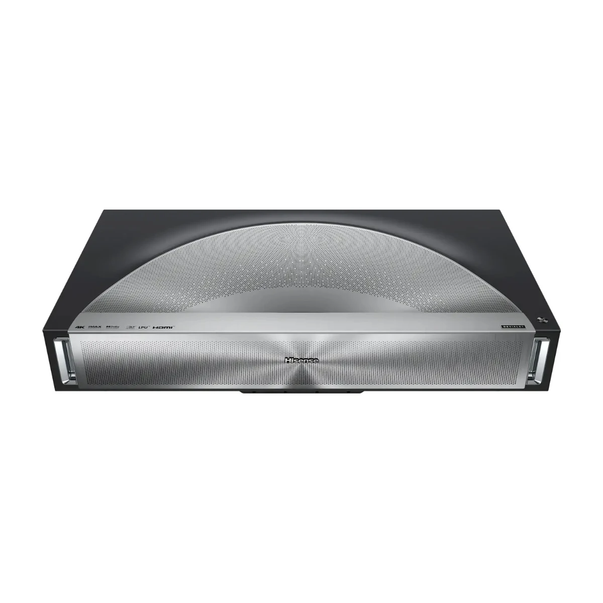 Mặt trước máy chiếu siêu gần Hisense PX4-PRO với cửa chiếu và loa Devialet