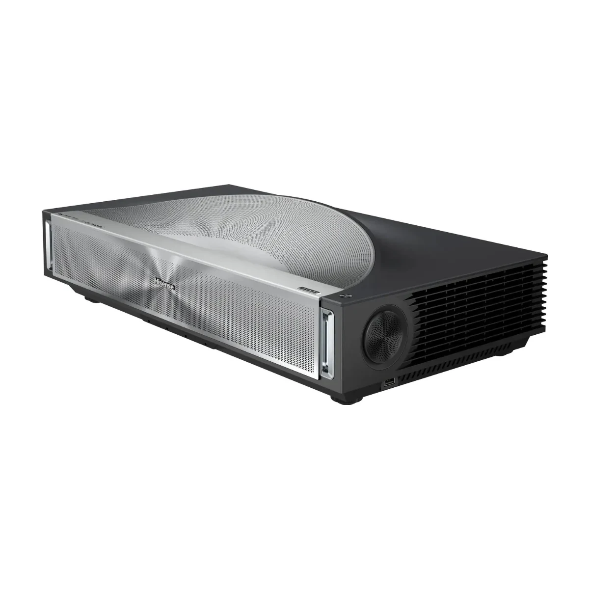 Máy chiếu Hisense PX4-PRO nhìn nghiêng bên phải, thân đen bạc