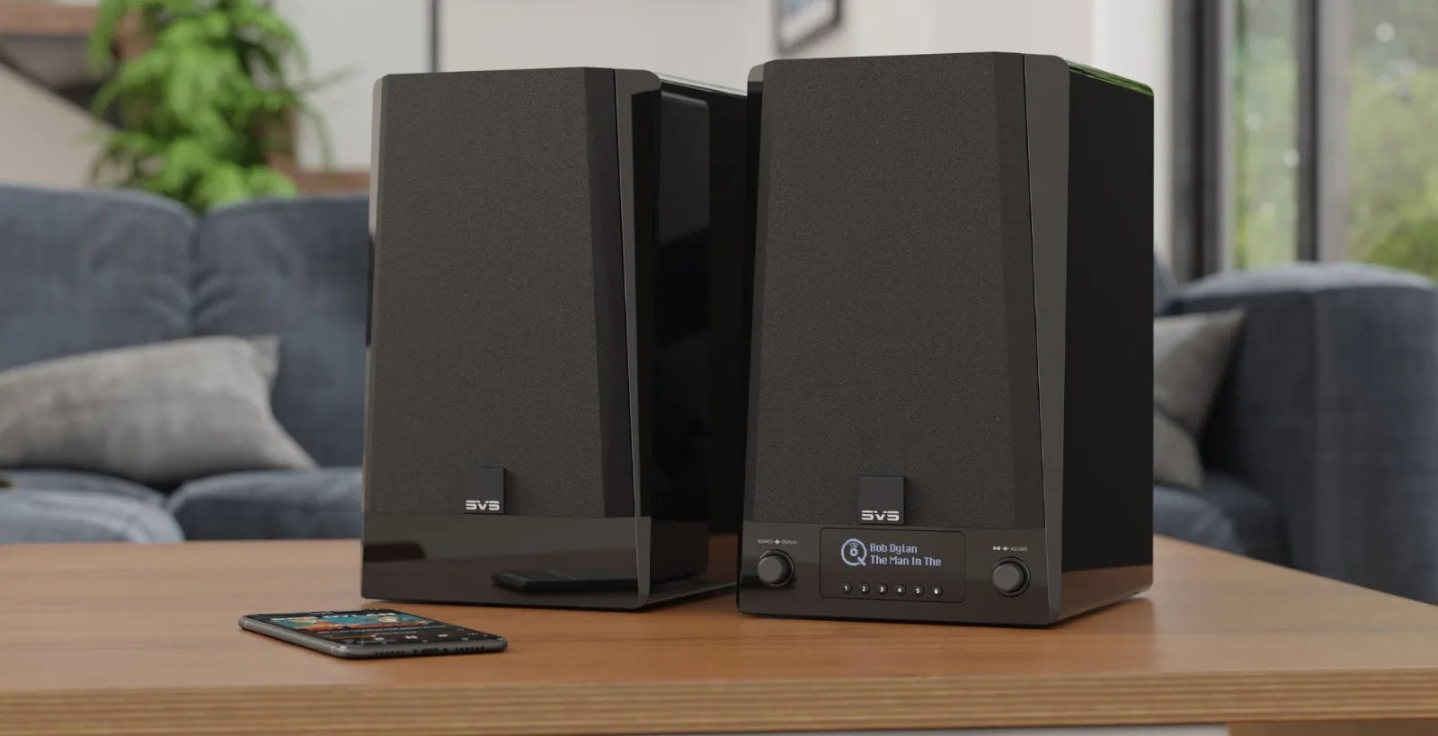 Cặp SVS Prime Wireless Pro trên kệ phòng khách