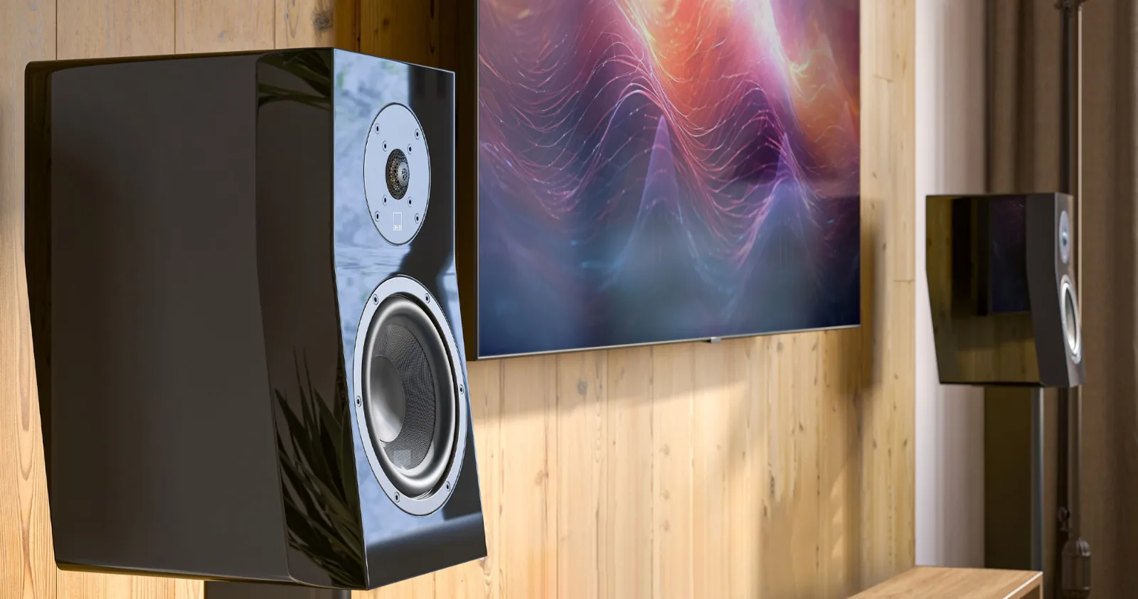 SVS Ultra Evolution Bookshelf đặt trên kệ cạnh TV trong phòng khách