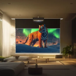 Màn chiếu âm trần VIVIDSTORM PHANTOM Lite Hyper ALR – phòng khách với máy chiếu siêu gần