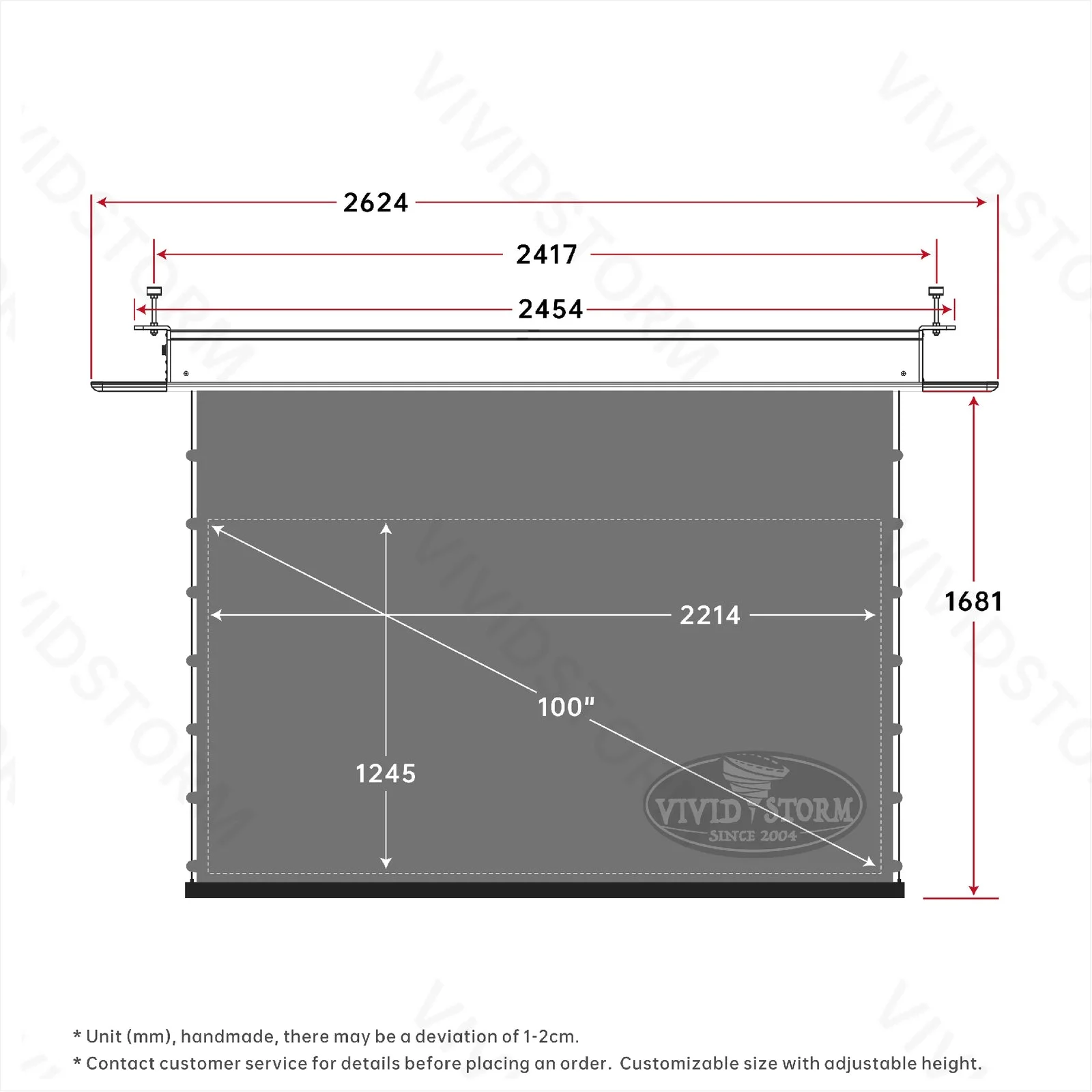 Màn chiếu âm trần VIVIDSTORM PHANTOM Obsidian ALR – bản vẽ kích thước 100 inch