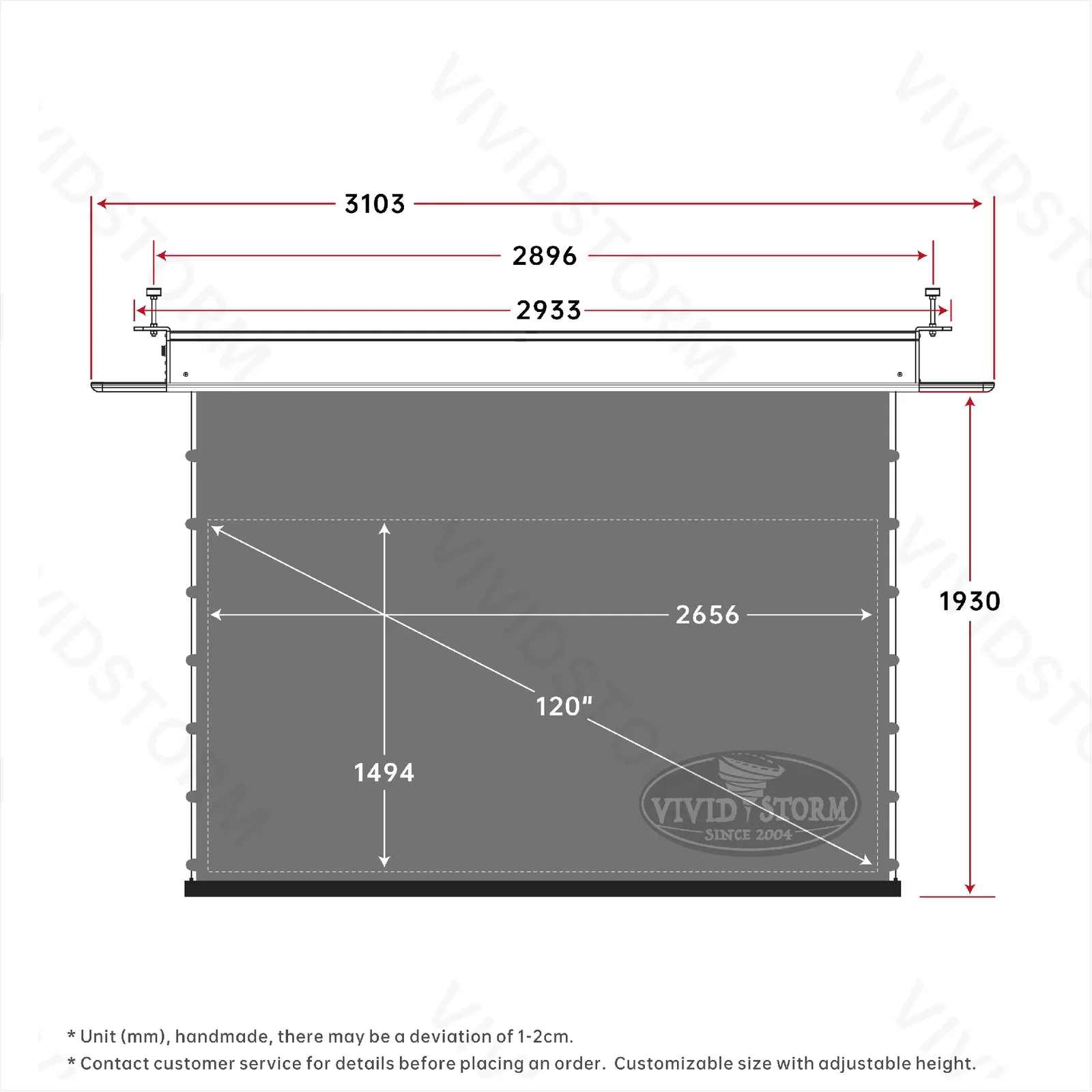 Màn chiếu âm trần VIVIDSTORM PHANTOM Obsidian ALR – bản vẽ kích thước 120 inch