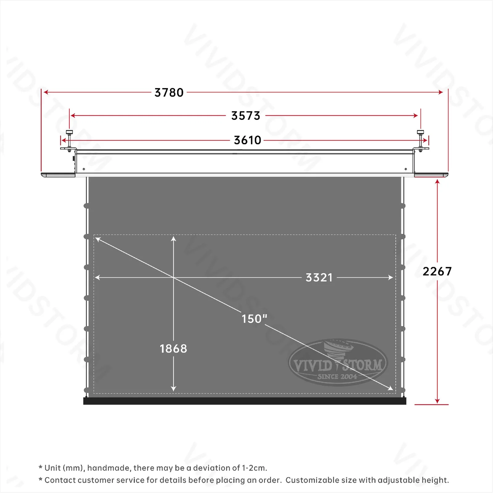 Màn chiếu âm trần VIVIDSTORM PHANTOM Obsidian ALR – bản vẽ kích thước 150 inch