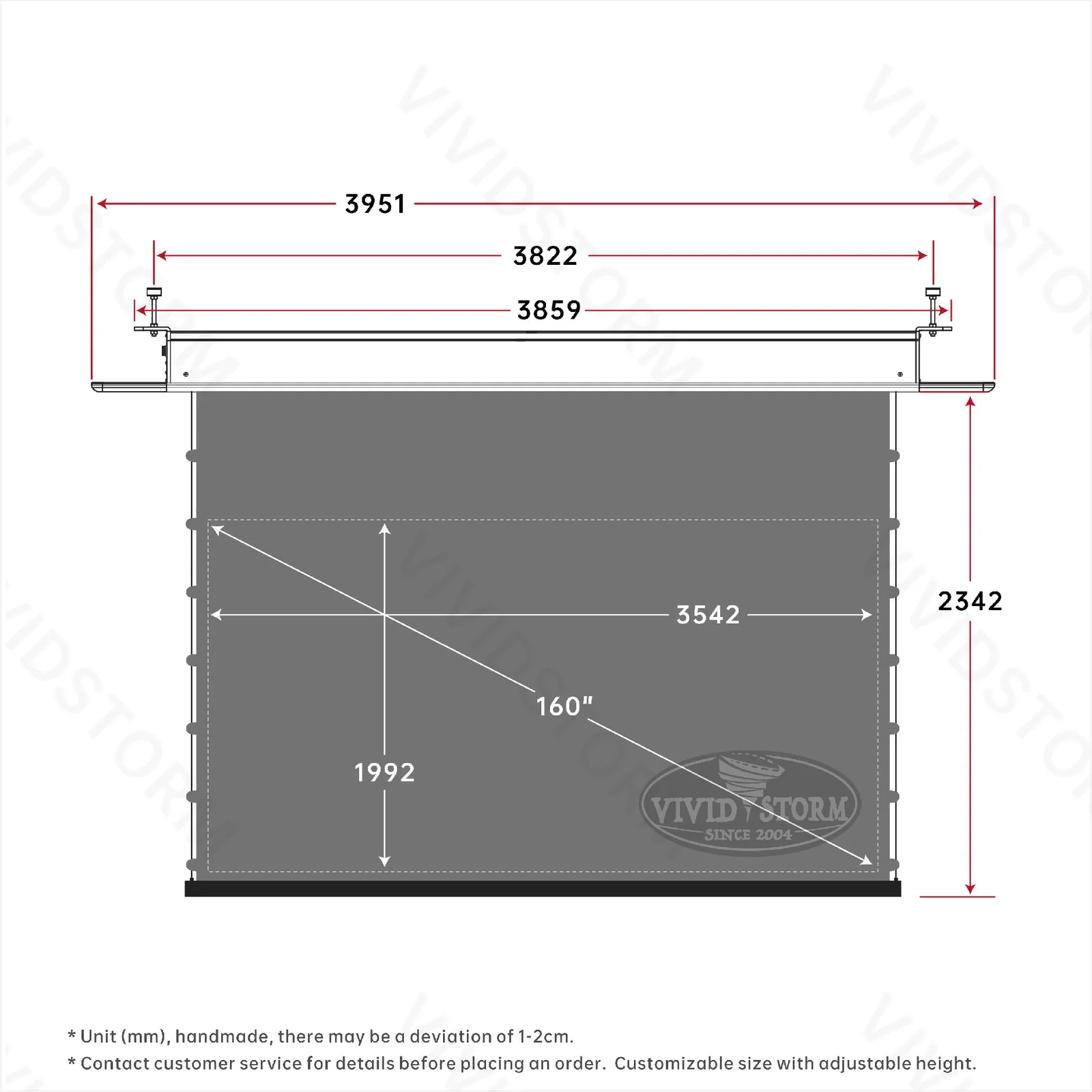 Màn chiếu âm trần VIVIDSTORM PHANTOM Obsidian ALR – bản vẽ kích thước 160 inch