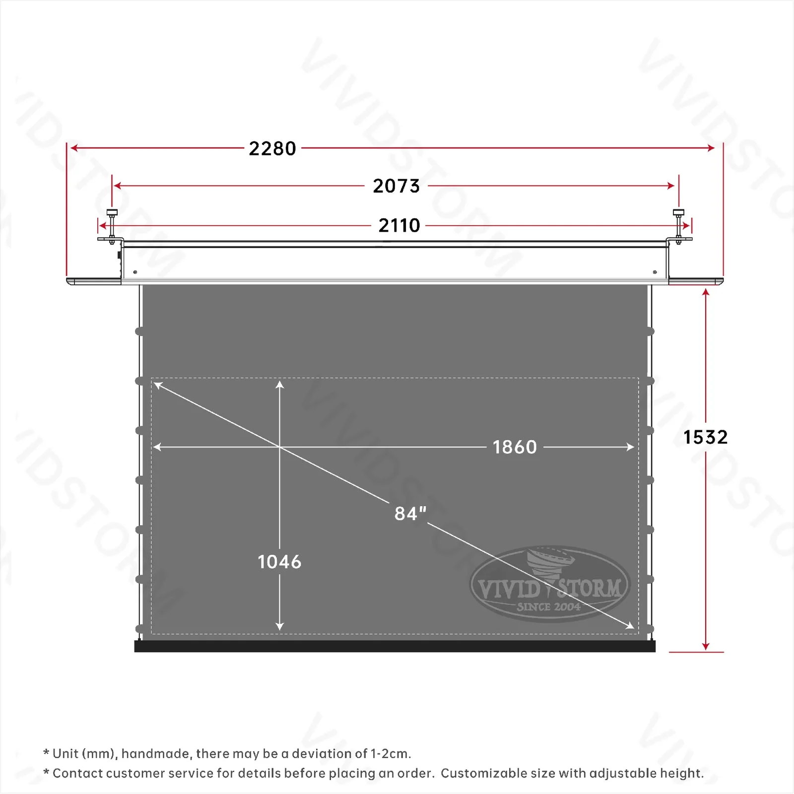 Màn chiếu âm trần VIVIDSTORM PHANTOM Obsidian ALR – bản vẽ kích thước 84 inch