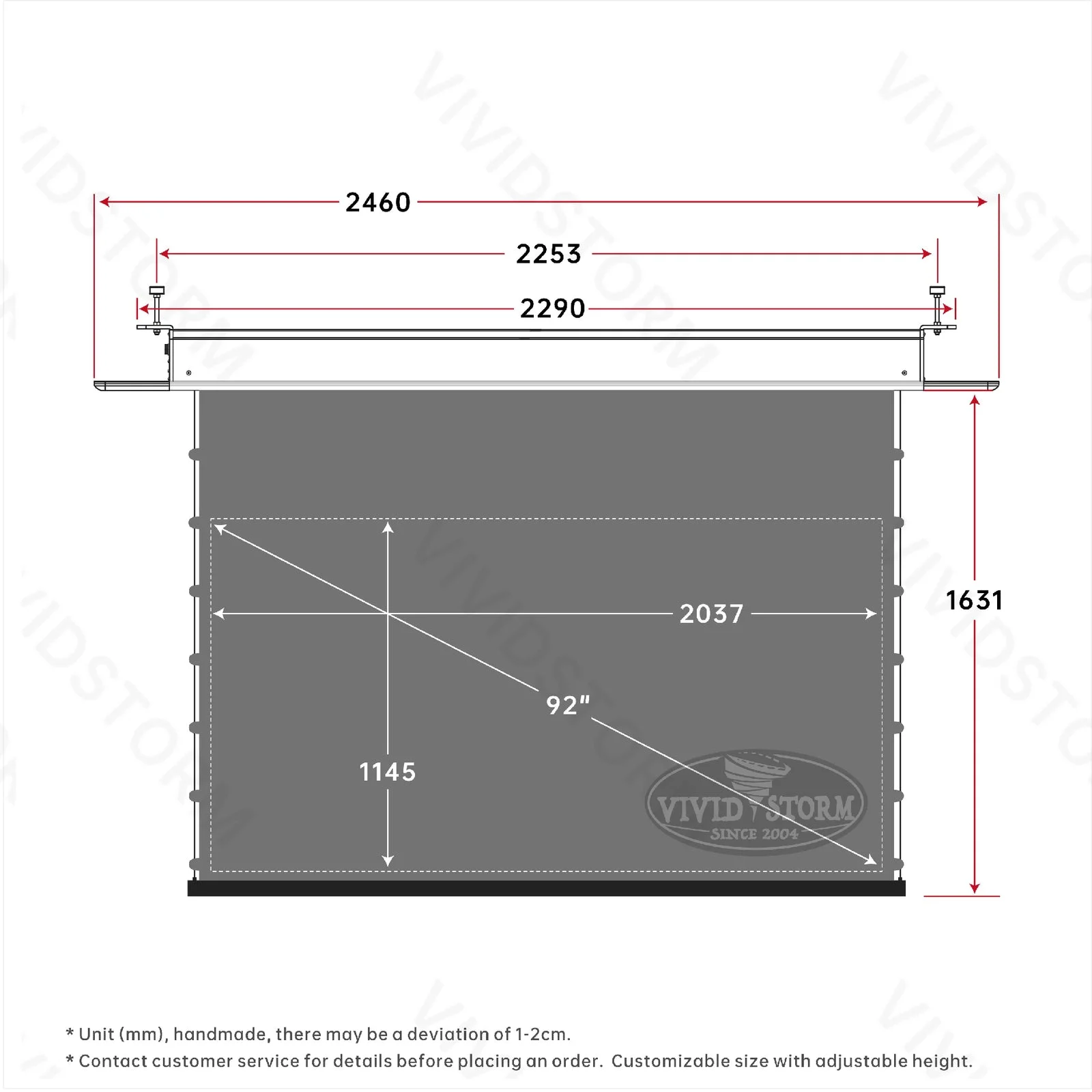 Màn chiếu âm trần VIVIDSTORM PHANTOM Obsidian ALR – bản vẽ kích thước 92 inch