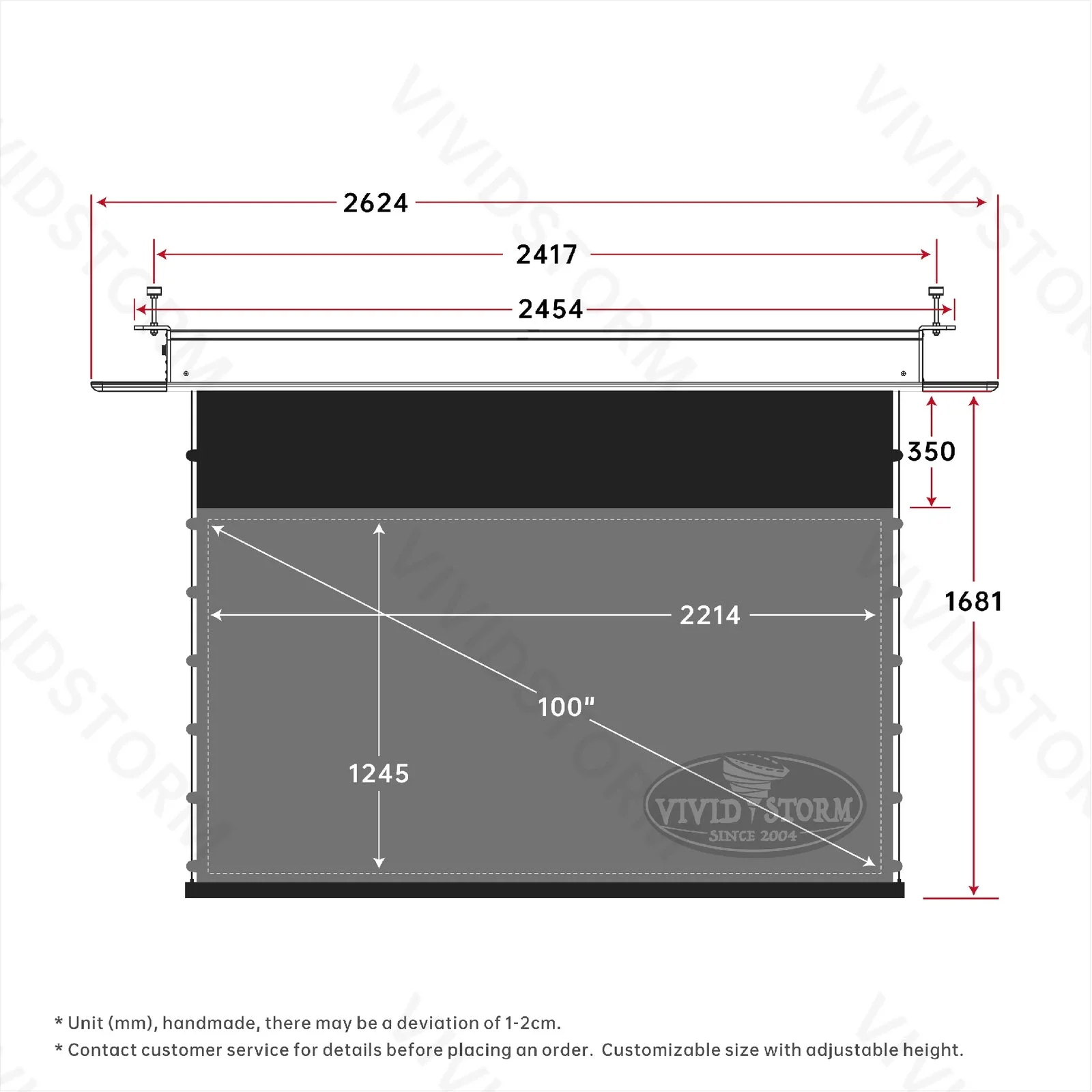 Màn chiếu âm trần VIVIDSTORM PHANTOM UST ALR – bản vẽ kích thước 100 inch