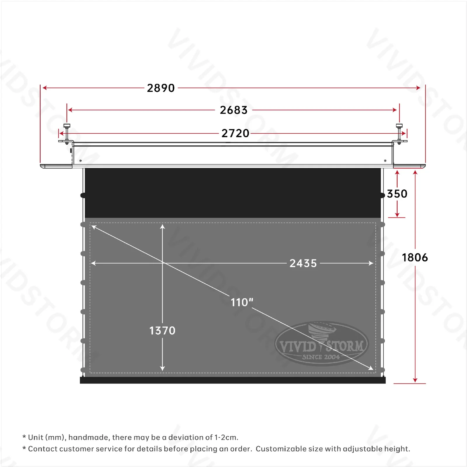 Màn chiếu âm trần VIVIDSTORM PHANTOM UST ALR – bản vẽ kích thước 110 inch