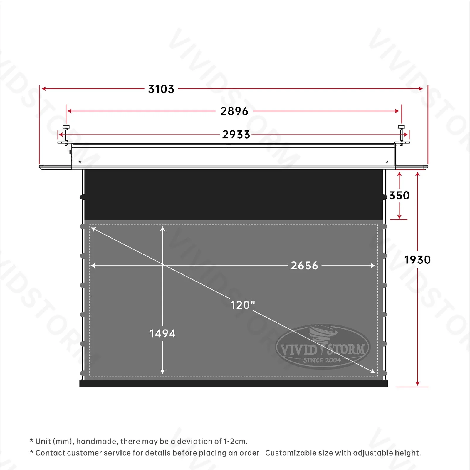 Màn chiếu âm trần VIVIDSTORM PHANTOM UST ALR – bản vẽ kích thước 120 inch