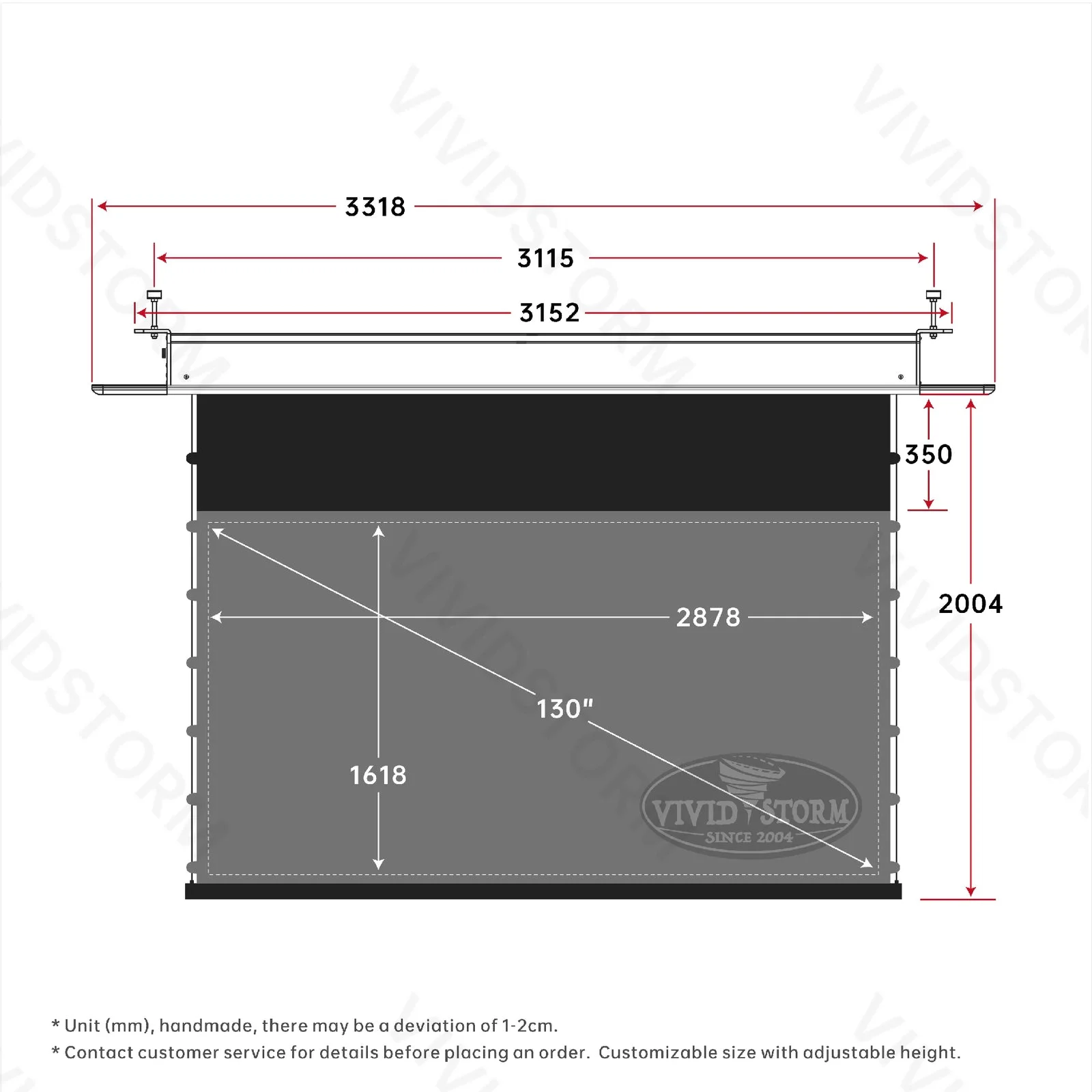 Màn chiếu âm trần VIVIDSTORM PHANTOM UST ALR – bản vẽ kích thước 130 inch