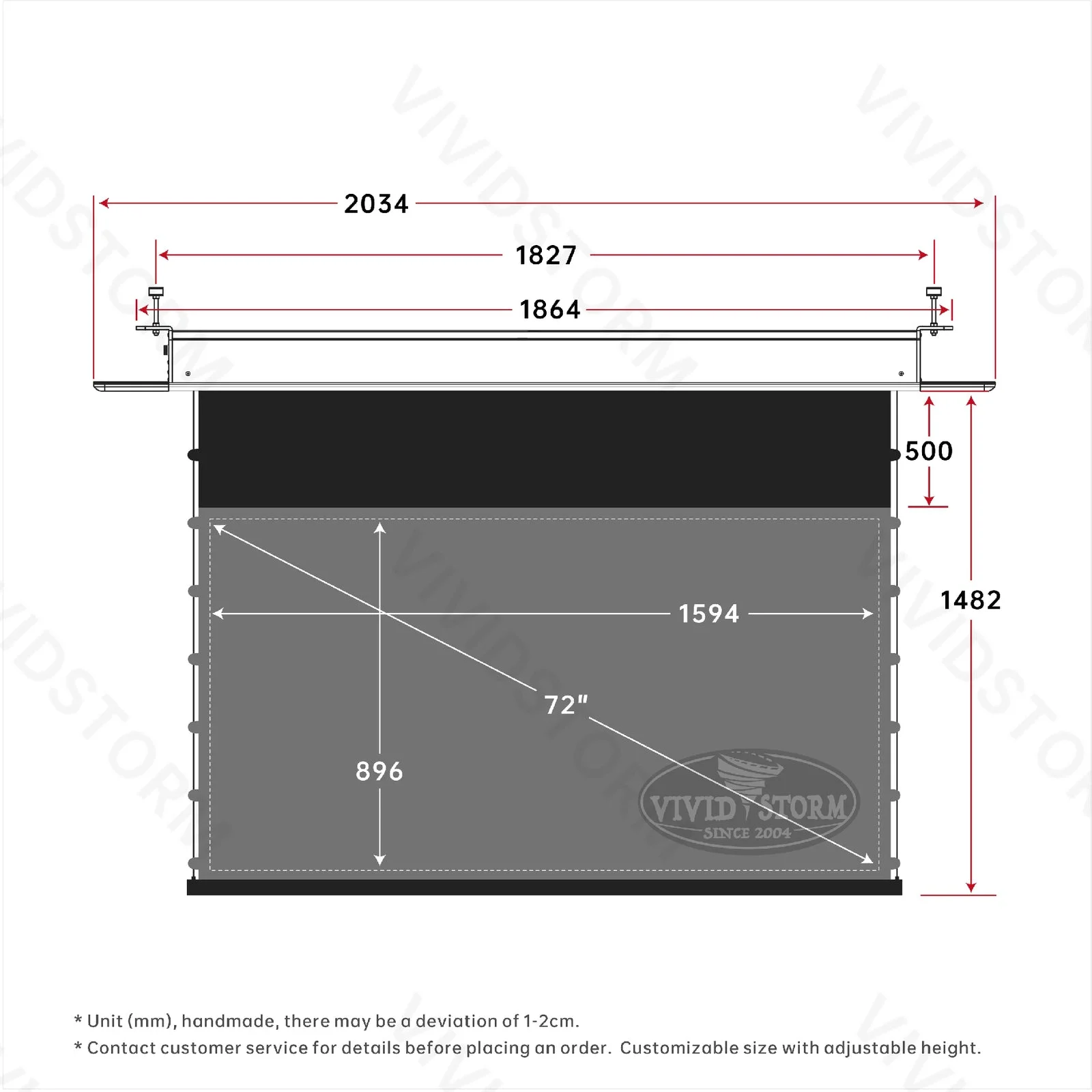 Màn chiếu âm trần VIVIDSTORM PHANTOM UST ALR – bản vẽ kích thước 72 inch