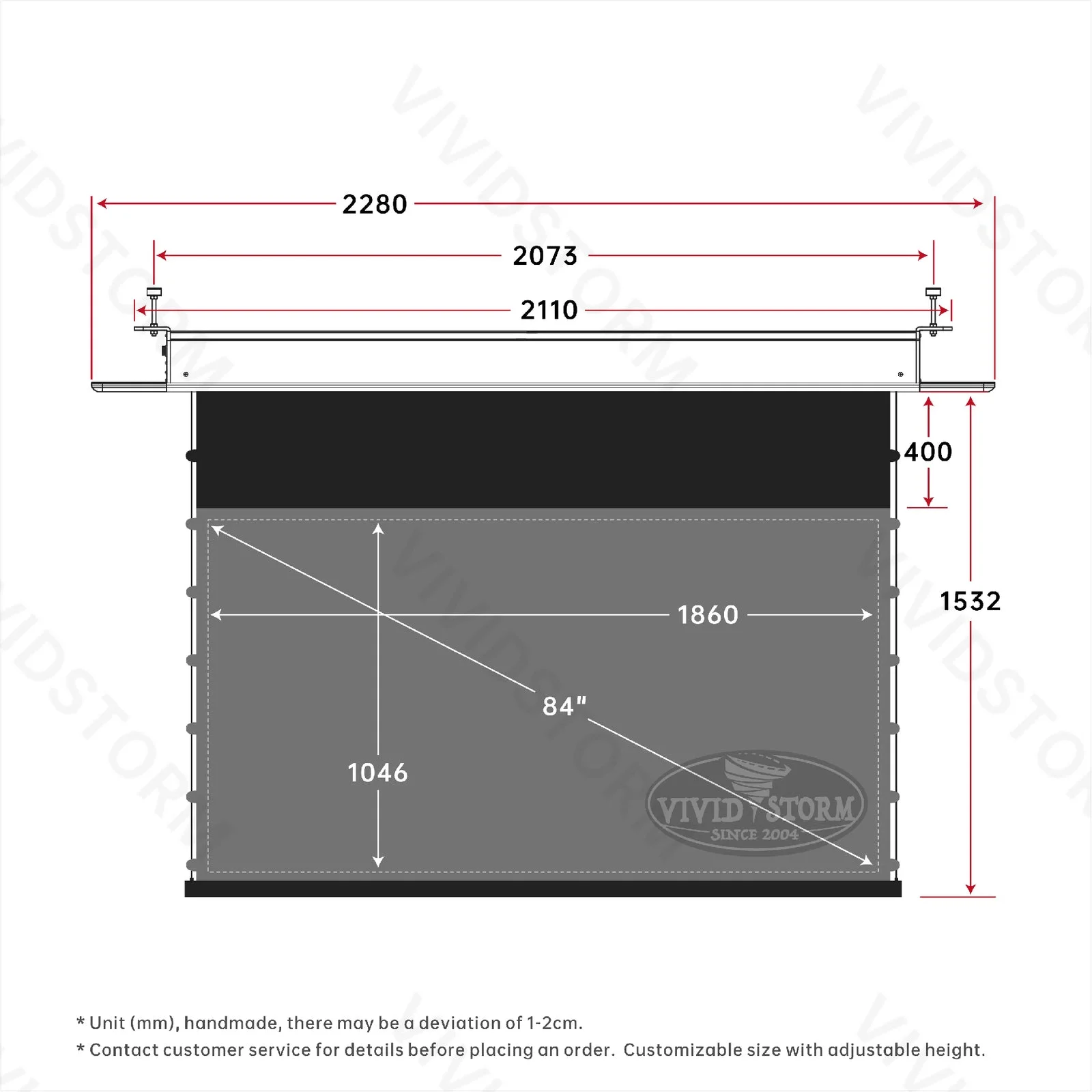 Màn chiếu âm trần VIVIDSTORM PHANTOM UST ALR – bản vẽ kích thước 84 inch