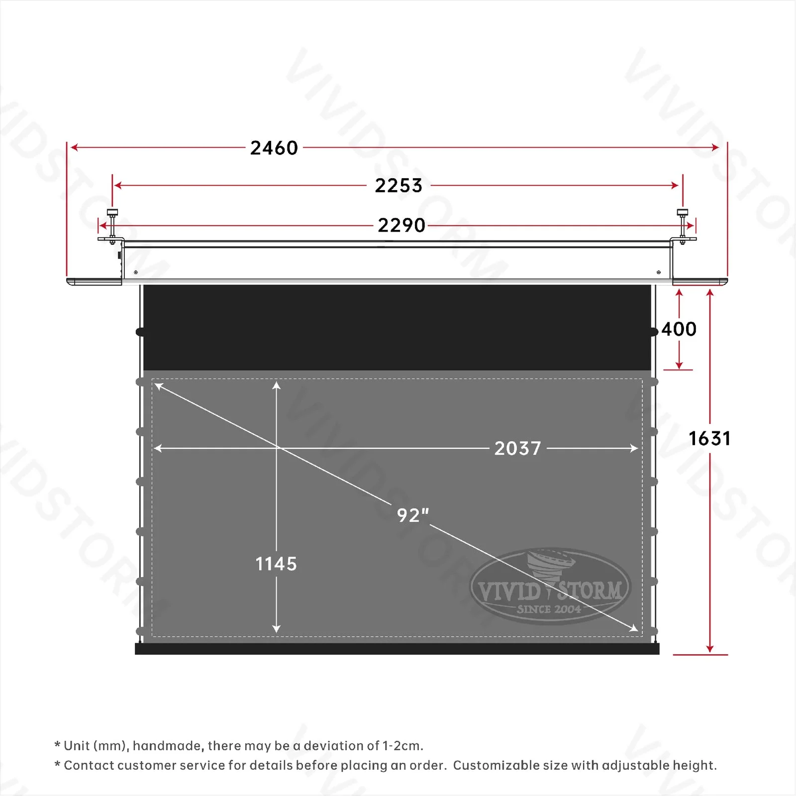Màn chiếu âm trần VIVIDSTORM PHANTOM UST ALR – bản vẽ kích thước 92 inch