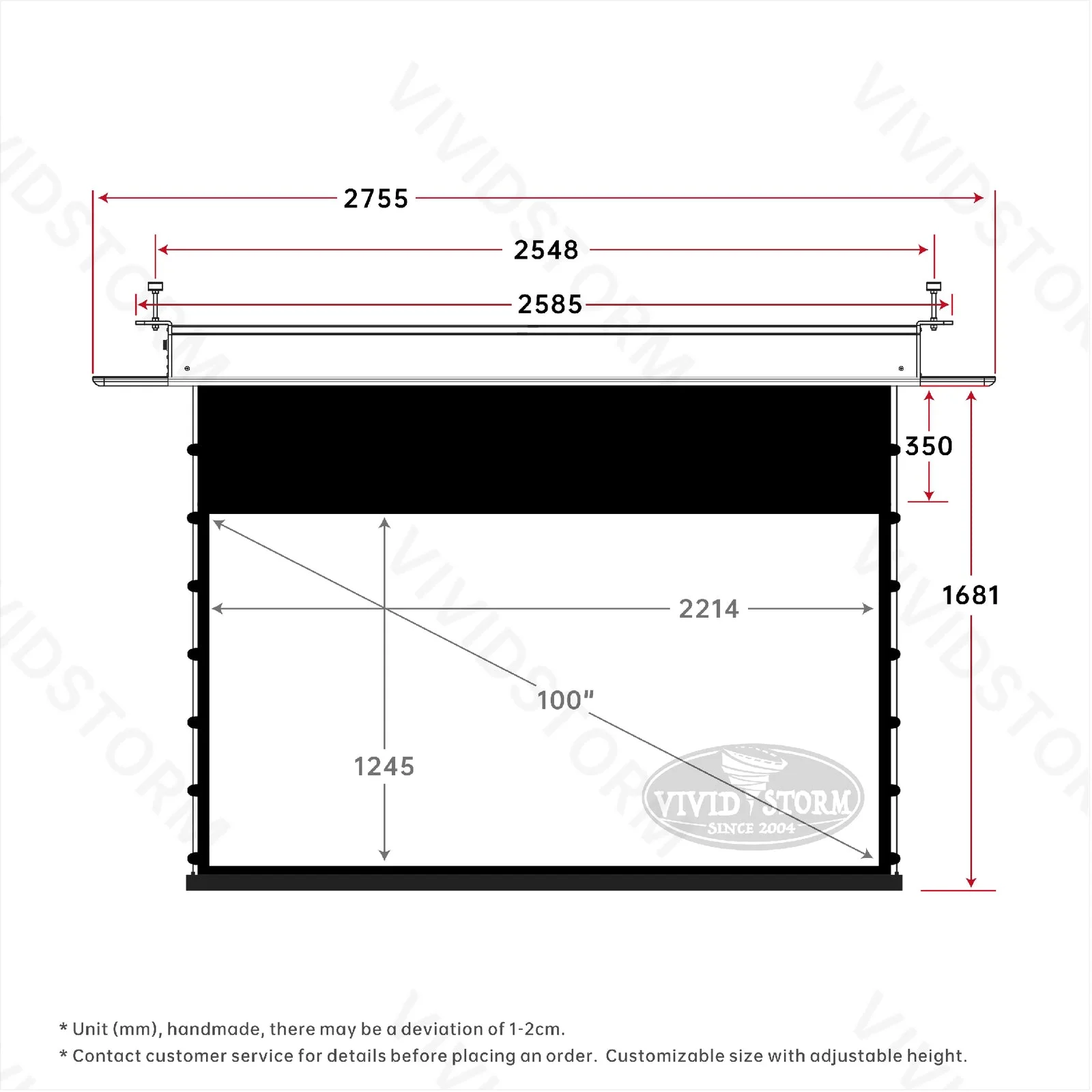 Màn chiếu âm trần VIVIDSTORM PHANTOM White Cinema – bản vẽ kích thước 100 inch