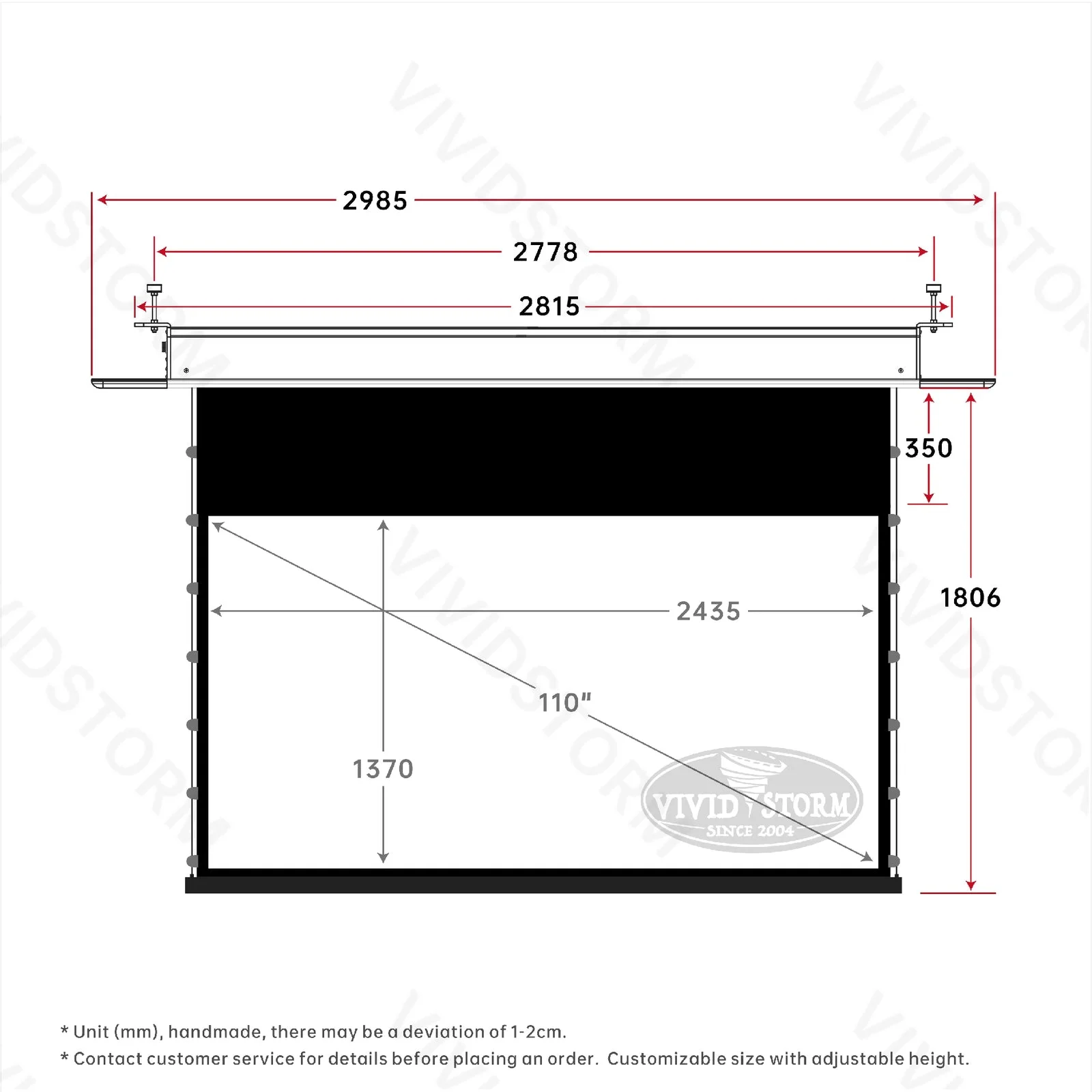 Màn chiếu âm trần VIVIDSTORM PHANTOM White Cinema – bản vẽ kích thước 110 inch