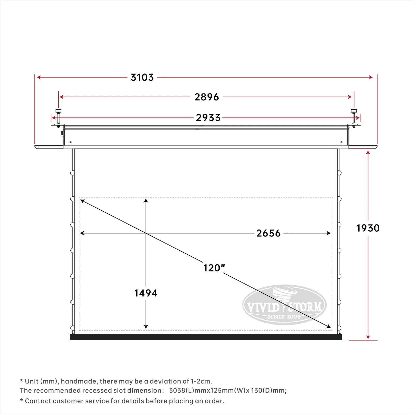 Màn chiếu âm trần VIVIDSTORM PHANTOM White Cinema – bản vẽ kích thước 120 inch