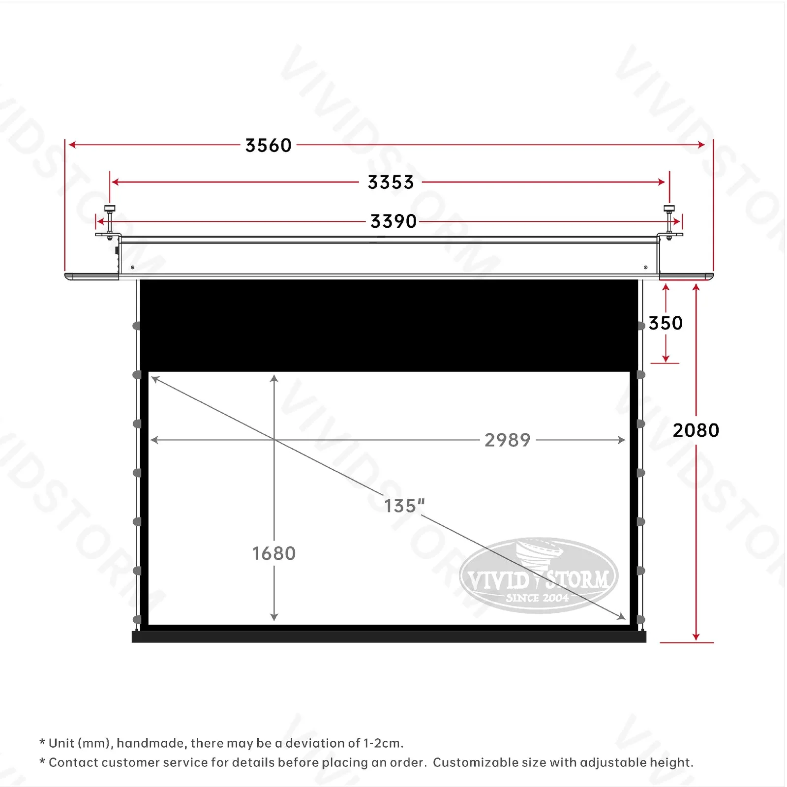 Màn chiếu âm trần VIVIDSTORM PHANTOM White Cinema – bản vẽ kích thước 135 inch