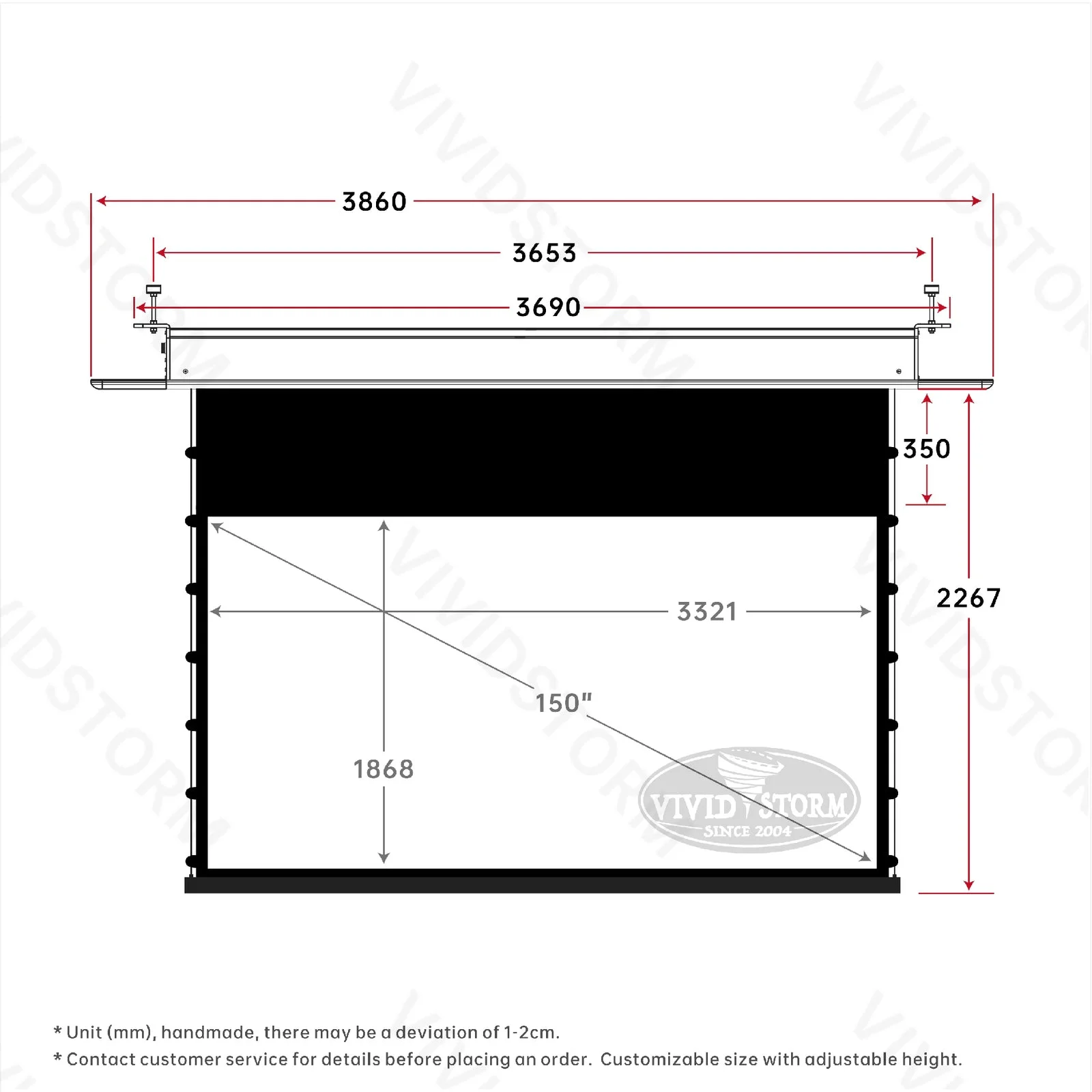 Màn chiếu âm trần VIVIDSTORM PHANTOM White Cinema – bản vẽ kích thước 150 inch