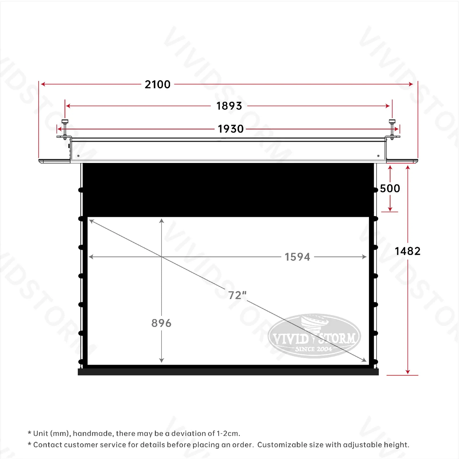 Màn chiếu âm trần VIVIDSTORM PHANTOM White Cinema – bản vẽ kích thước 72 inch