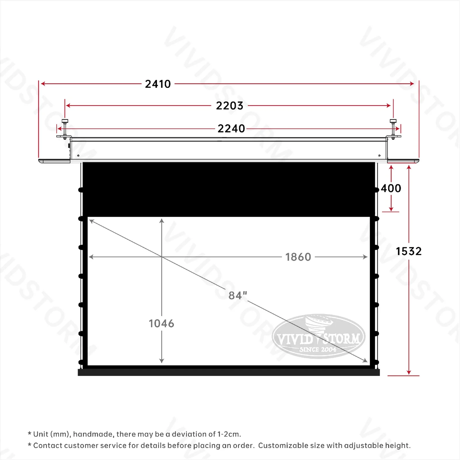 Màn chiếu âm trần VIVIDSTORM PHANTOM White Cinema – bản vẽ kích thước 84 inch