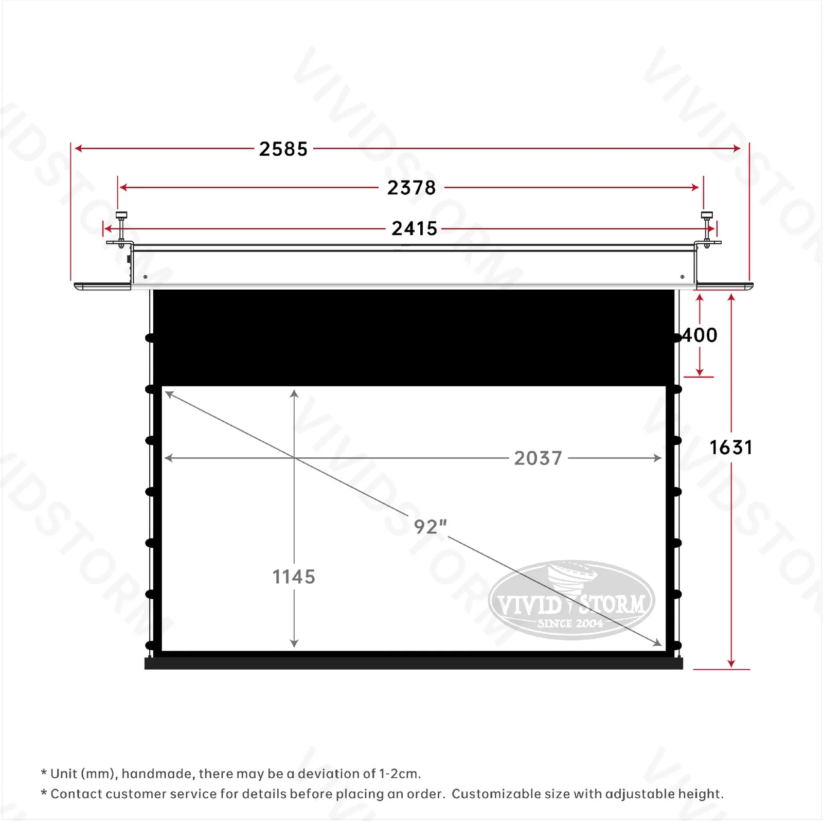 Màn chiếu âm trần VIVIDSTORM PHANTOM White Cinema – bản vẽ kích thước 92 inch