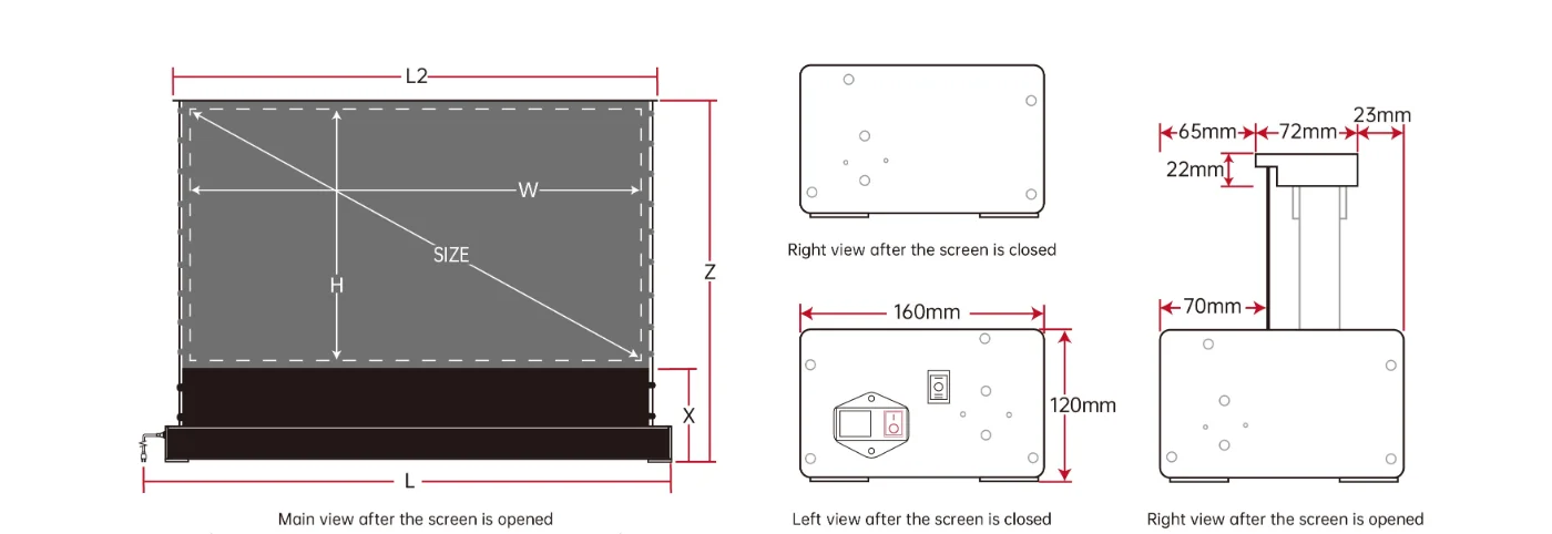 Màn chiếu để sàn UST VIVIDSTORM S PRO ALR – sơ đồ kích thước và các mặt hộp màn