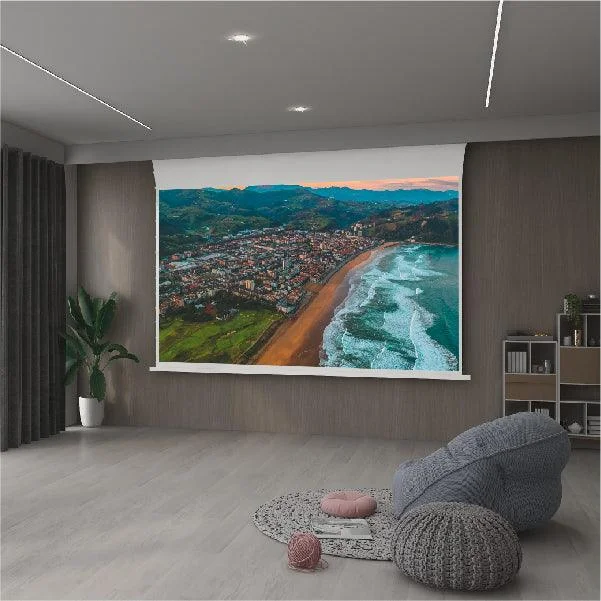 Màn chiếu điện để sàn VIVIDSTORM Pearl White Cinema Plus – phòng khách sáng