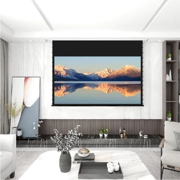 Màn chiếu điện để sàn VIVIDSTORM Pearl White Cinema Plus – phòng khách hiện đại
