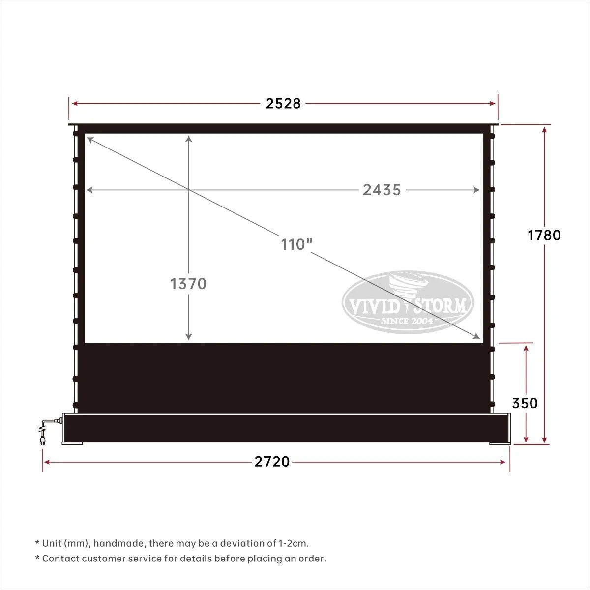 Màn chiếu điện để sàn VIVIDSTORM Pearl White Cinema Plus – bản vẽ kích thước 110 inch