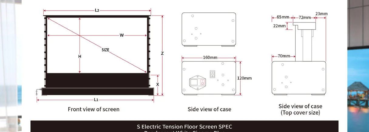 Màn chiếu điện để sàn VIVIDSTORM Pearl White Cinema Plus – sơ đồ kích thước