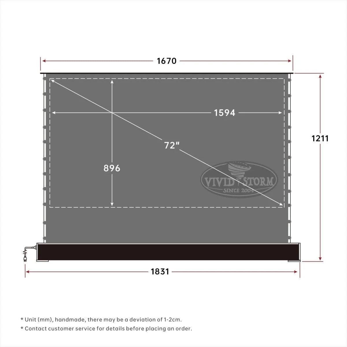 Màn chiếu điện để sàn VIVIDSTORM S 3D ALR – bản vẽ kích thước 72 inch