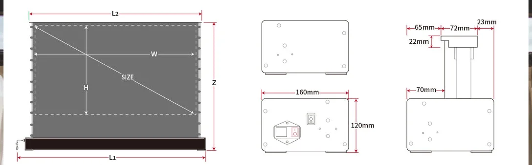 Màn chiếu điện để sàn VIVIDSTORM S 3D ALR – sơ đồ kích thước