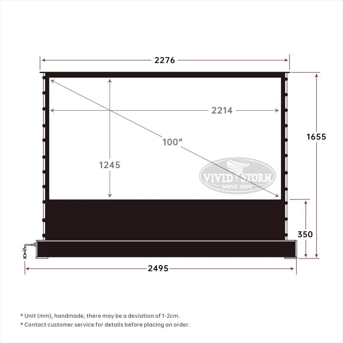 Màn chiếu điện để sàn VIVIDSTORM S White Cinema P – bản vẽ kích thước 100 inch
