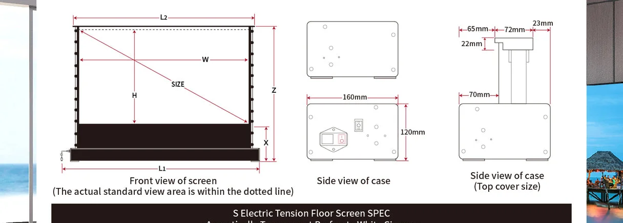 Màn chiếu điện để sàn VIVIDSTORM S White Cinema P – sơ đồ kích thước