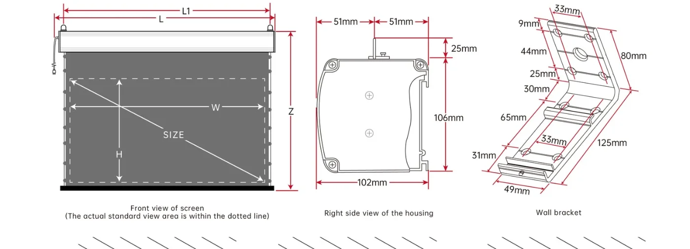 Màn chiếu điện căng tab VIVIDSTORM ALR Slimline – sơ đồ kích thước