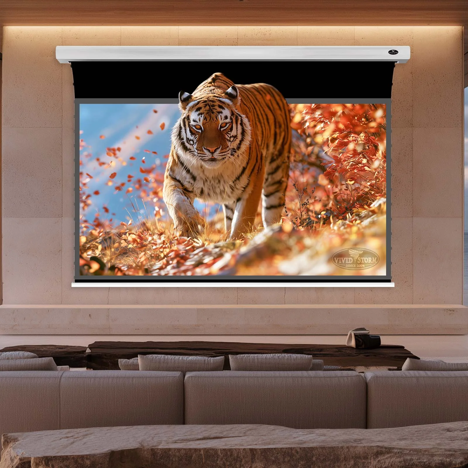 Màn chiếu điện căng tab VIVIDSTORM Silux Pro Fresnel UST Slimline – phòng khách