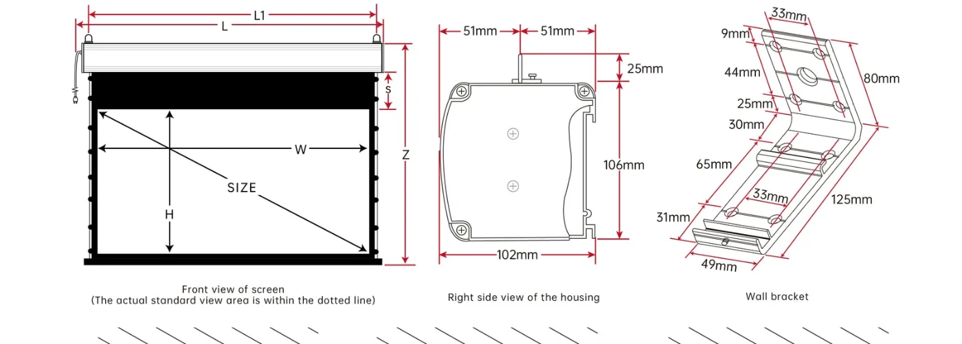 Màn chiếu điện căng tab VIVIDSTORM White Cinema P Slimline – sơ đồ kích thước