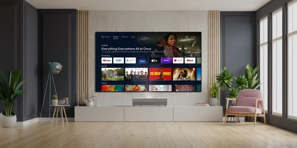 Máy chiếu Optoma CinemaX D2+ đặt trên kệ sát tường
