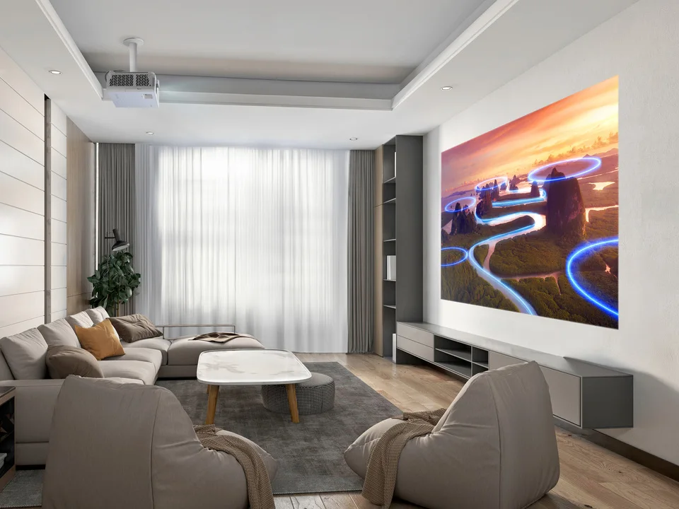 Máy chiếu ViewSonic LX750-4K treo trần chiếu màn lớn trong phòng khách